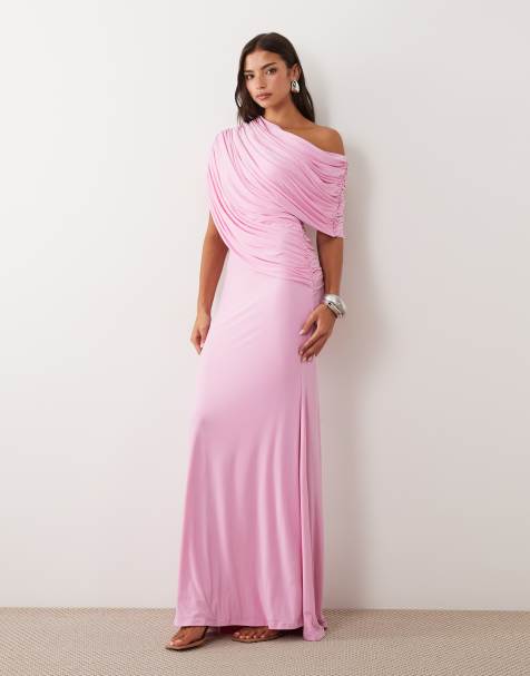 ASOS DESIGN - Vestido largo rosa con escote Bardot, cola y detalle de cuerpo cruzado - view 1