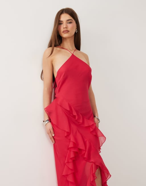  ASOS DESIGN - Vestido largo rosa de corte al bies con bajo asimétrico de volantes, 3 de 4