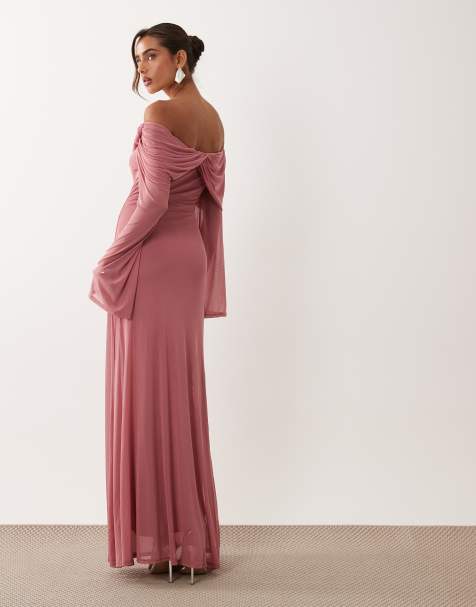 ASOS DESIGN - Vestido largo rosa de manga larga con escote Bardot drapeado de malla - view 1