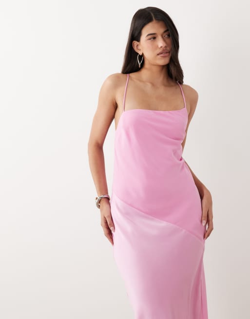 ASOS DESIGN - Vestido largo rosa de tirantes con diseño híbrido con panel de satén, 3 de 4