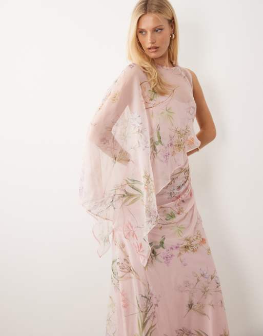 ASOS DESIGN - Vestido largo rosa drapeado asimétrico con estampado floral y mangas murciélago, 2 de 4