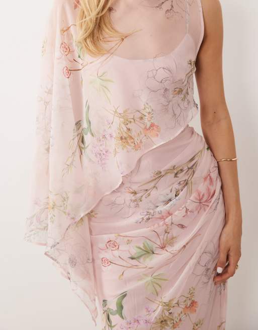 ASOS DESIGN - Vestido largo rosa drapeado asimétrico con estampado floral y mangas murciélago, 3 de 4