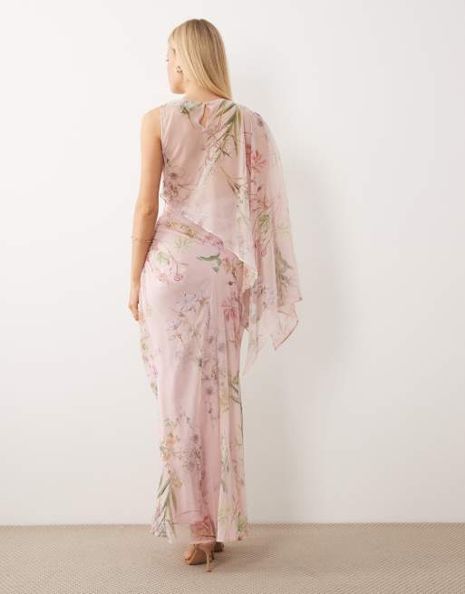 ASOS DESIGN - Vestido largo rosa drapeado asimétrico con estampado floral y mangas murciélago, 4 de 4