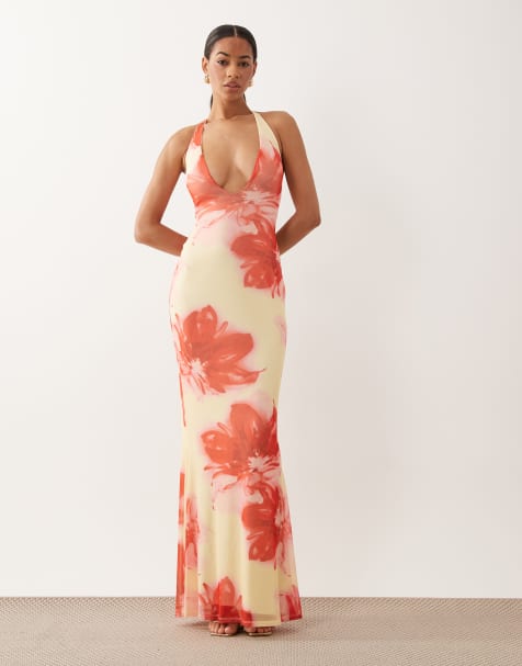 ASOS DESIGN - Vestido largo rosa escotado con estampado floral y escote de pico pronunciado de malla - view 1