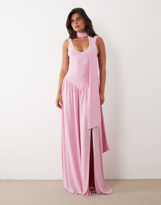 ASOS DESIGN - Vestido largo rosa pálido ceñido con detalle de fular, 4 de 4