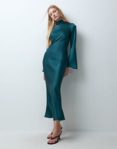 ASOS DESIGN vestido largo satinado liso de manga larga con cuello alto en verde oscuro - view 1