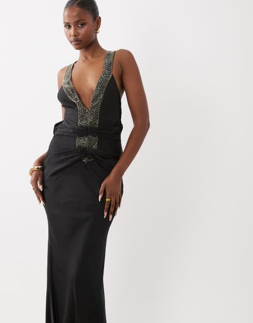 ASOS DESIGN - Vestido largo satinado negro con tirantes adornados, 3 de 4