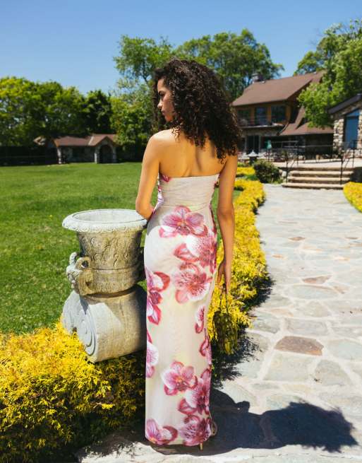 ASOS DESIGN - Vestido largo verde con escote palabra de honor y estampado floral de malla transparente, 2 de 9