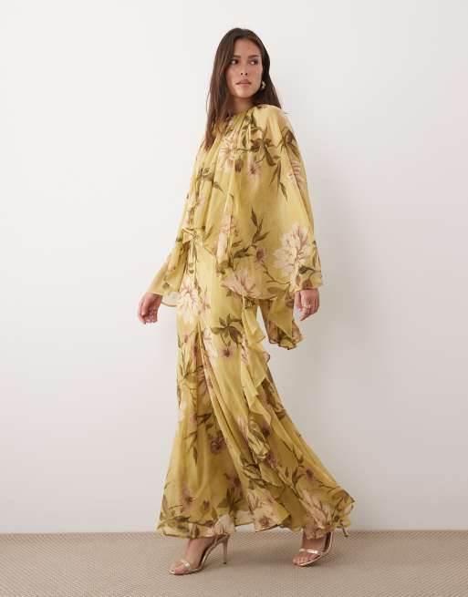ASOS DESIGN - Vestido largo verde con estampado floral, godets y mangas voluminosas estilo capa, 2 de 4