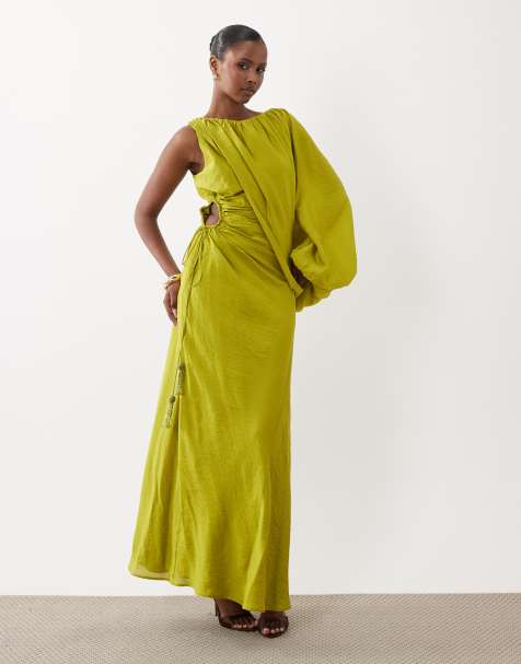 ASOS DESIGN - Vestido largo verde lima asimétrico con manga estilo blusón y abertura en la cintura - view 1