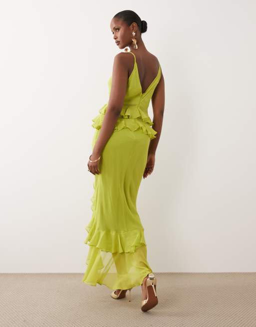 ASOS DESIGN - Vestido largo verde lima de tirantes de corte recto con volantes, 4 de 4
