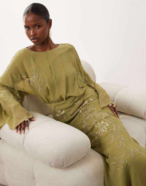 ASOS DESIGN - Vestido largo verde oliva con bordados, 2 de 4