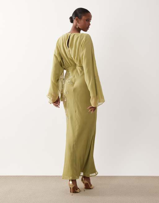 ASOS DESIGN - Vestido largo verde oliva con bordados, 4 de 4