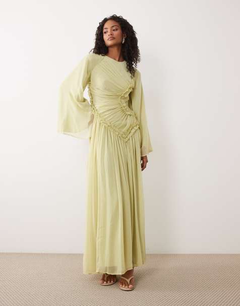 ASOS DESIGN - Vestido largo verde oliva con detalles recogidos y volantes pequeños de chifón efecto rugoso - view 1