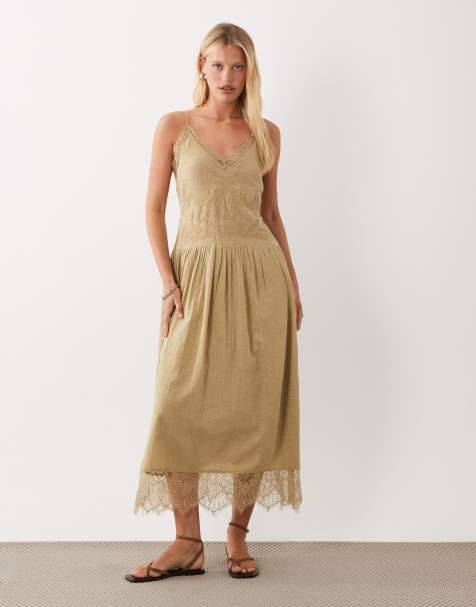ASOS DESIGN - Vestido largo verde oliva de tirantes anudados con insertos de encaje - view 1