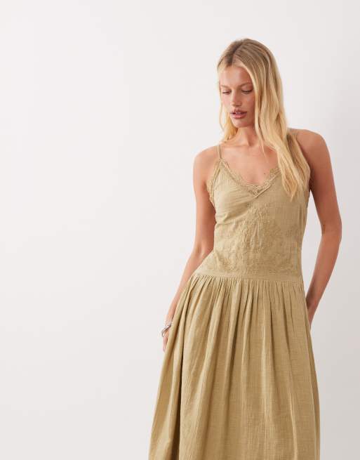ASOS DESIGN - Vestido largo verde oliva de tirantes anudados con insertos de encaje, 3 de 4