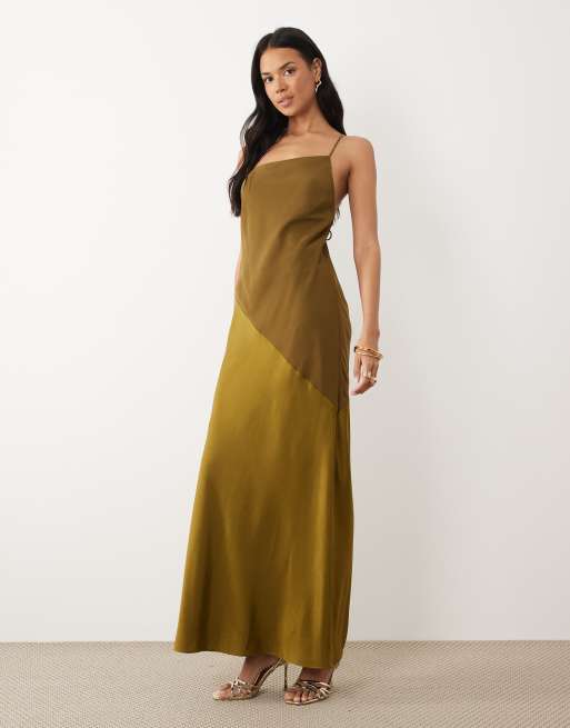 ASOS DESIGN - Vestido largo verde oliva de tirantes con diseño híbrido con panel de satén, 2 de 4