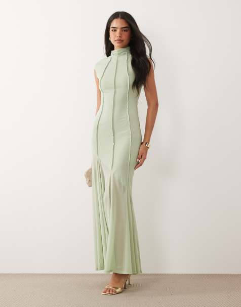 ASOS DESIGN - Vestido largo verde salvia con cuello alto y detalle de costuras expuestas contorneadas de malla - view 1