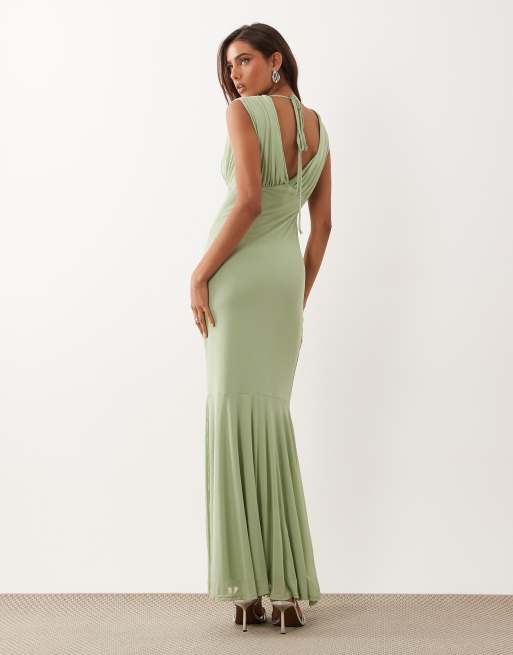 ASOS DESIGN - Vestido largo verde salvia de corte sirena con cuello de pico, 3 de 4