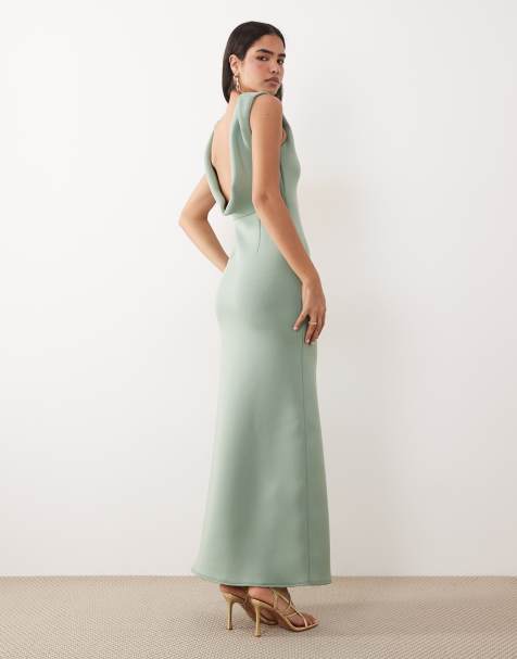 ASOS DESIGN - Vestido largo verde salvia estructurado con cuello ancho y espalda al aire de tejido efecto neopreno - view 1