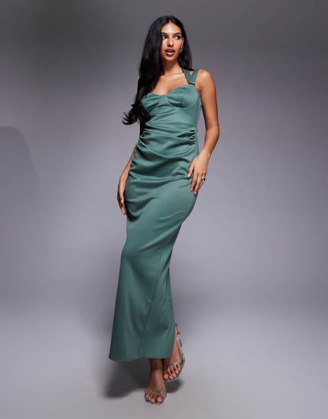 ASOS DESIGN - Vestido largo verde salvia oscuro fruncido de tirantes con detalle de copas - view 1