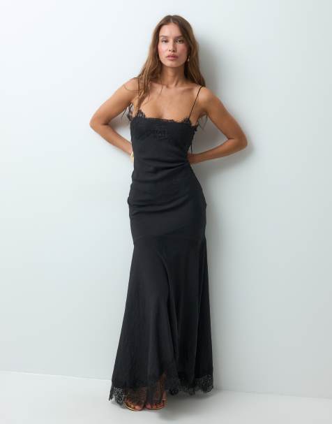 ASOS DESIGN - Vestido lencero largo negro de tirantes con inserto de encaje - view 1