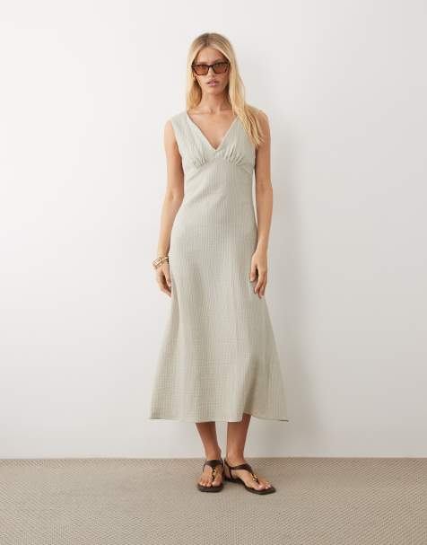 ASOS DESIGN - Vestido lencero largo verde lavado a rayas con cuello de pico - view 1