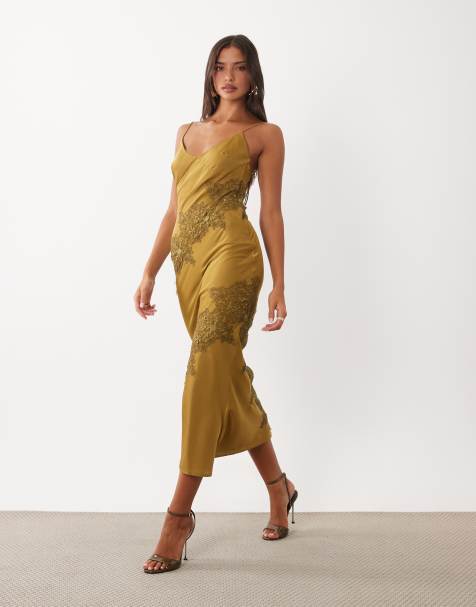 ASOS DESIGN - vestido lencero maxi de satén con aplique de encaje en verde oliva - view 1