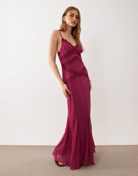 ASOS DESIGN - Vestido lencero midi color baya de corte recto con ribete de encaje y godets - view 1
