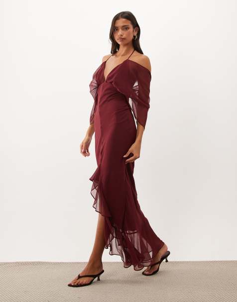 ASOS DESIGN - vestido maxi al bies con hombros descubiertos y bajo asimétrico en color berry - view 1