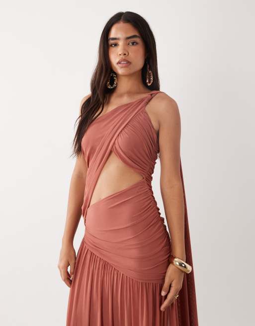 ASOS DESIGN - Vestido maxi asimétrico con lazada, paneles drapeados y abertura en arcilla, 2 de 4