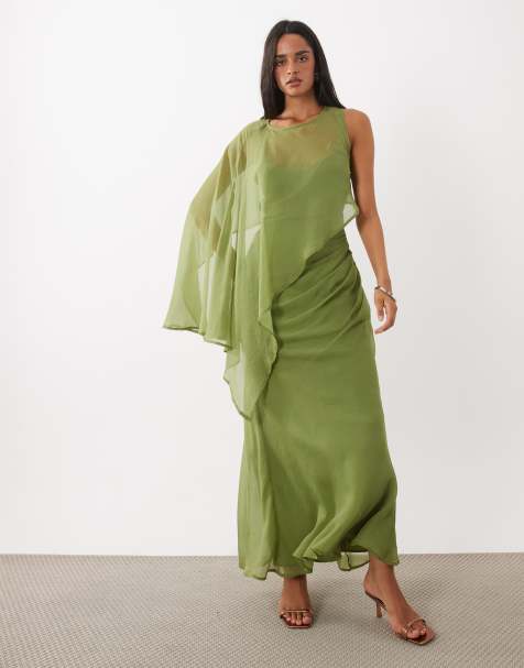 ASOS DESIGN - vestido maxi asimétrico de una manga con drapeado y manga murciélago en caqui claro - view 1