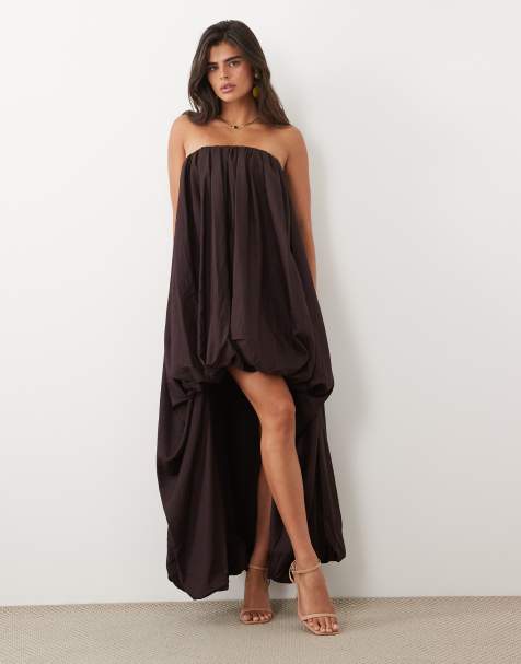 ASOS DESIGN - vestido maxi bandeau con volumen y bajo asimétrico en chocolate amargo - view 1