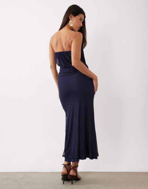 ASOS DESIGN - vestido maxi bandeau de malla con drapeado en azul marino, 3 de 4