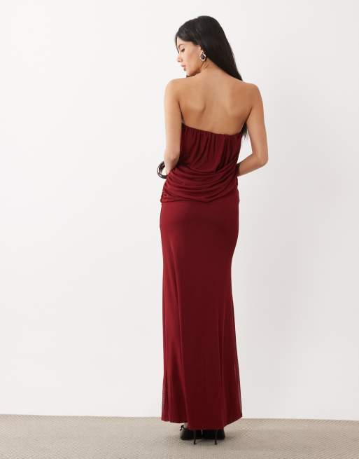 ASOS DESIGN - Vestido maxi bandeau de malla con drapeado en color vino, 4 de 4