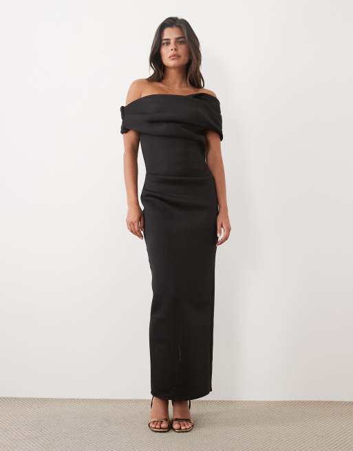 ASOS DESIGN - Vestido maxi Bardot con abertura en tejido tipo scuba negro, 1 de 4
