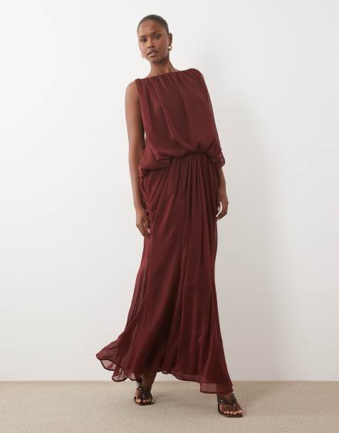 ASOS DESIGN - vestido maxi blusón con drapeado y espalda baja en chocolate - view 1