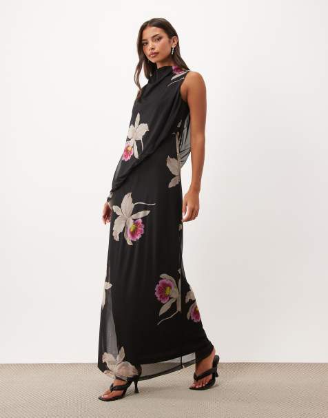 ASOS DESIGN - Vestido maxi blusón de malla estampada asimétrico con cuello integrado en negro floral - view 1