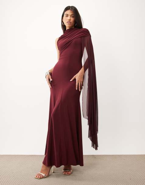 ASOS DESIGN - vestido maxi burdeos con capa de malla superpuesta y godets - view 1