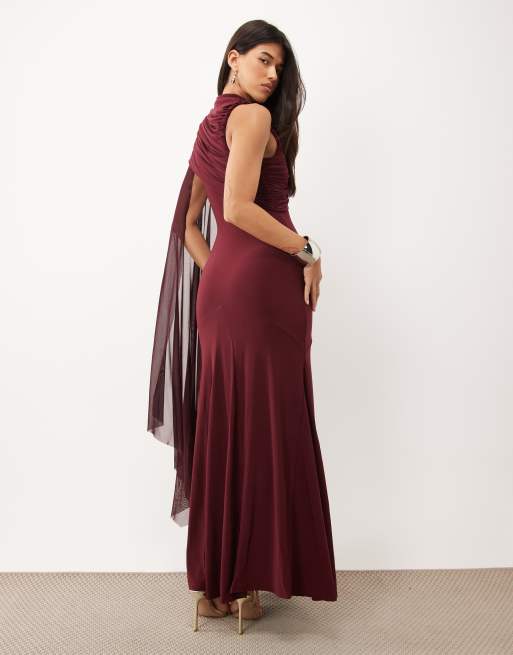ASOS DESIGN - vestido maxi burdeos con capa de malla superpuesta y godets, 4 de 4
