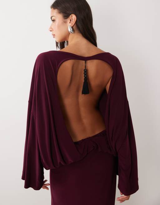 ASOS DESIGN - vestido maxi burdeos sin espalda y con mangas anchas, 3 de 4