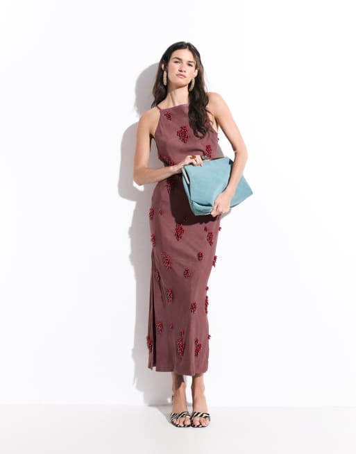 ASOS DESIGN - vestido maxi columna con cuello alto y adornos en marrón, 2 de 7