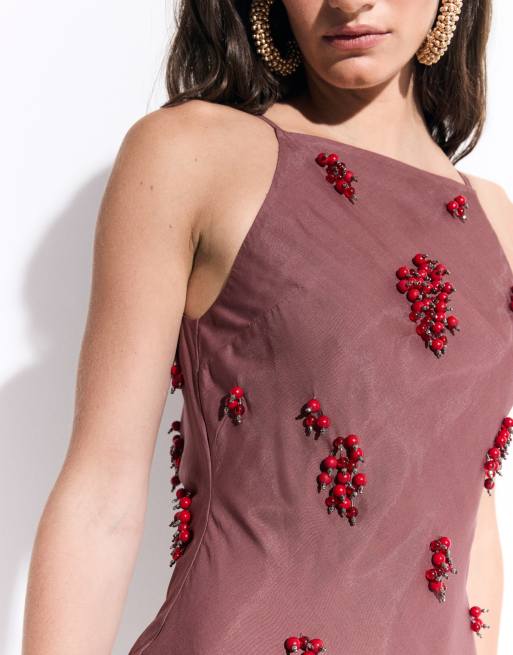 ASOS DESIGN - vestido maxi columna con cuello alto y adornos en marrón, 3 de 7