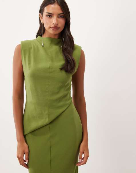 ASOS DESIGN - vestido maxi columna con hombreras en verde oliva - view 1