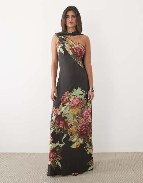 ASOS DESIGN - vestido maxi columna fluido con estampado floral y detalle de flecos de bufanda en negro - view 1