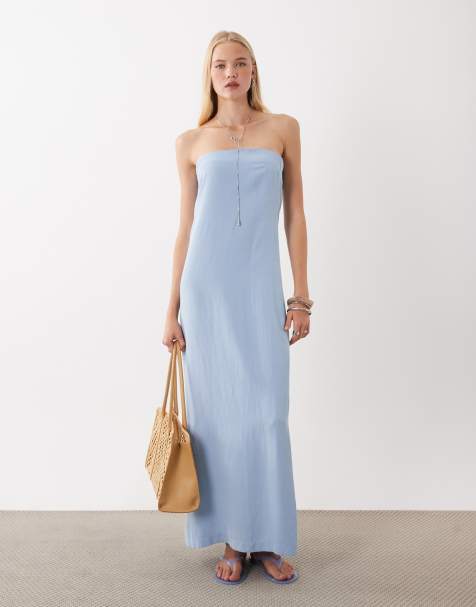 ASOS DESIGN - vestido maxi columna liso de mezcla de lino en azul - view 1