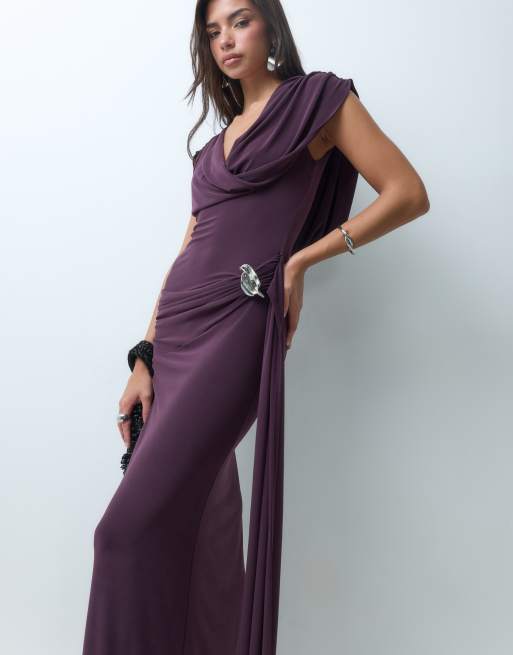 ASOS DESIGN vestido maxi con cuerpo drapeado y cintura ribeteada en uva, 4 de 5
