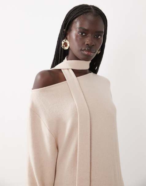 ASOS DESIGN - Vestido maxi con escote Bardot y detalle de bufanda en crema - view 1