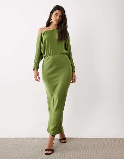 ASOS DESIGN - vestido maxi con hombros caídos en verde oliva - view 1