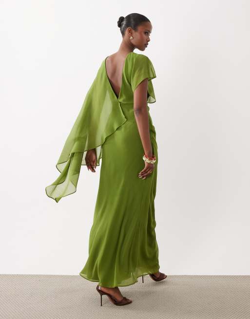 ASOS DESIGN - Vestido maxi con manga capa, corte al bies, caída fluida y espalda baja en oliva, 3 de 4
